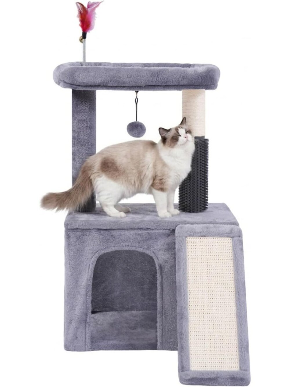 Cozy Cat Tree Tower with Self-Grooming Brush, Scratching Post & Interactive Toys